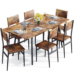 qsun 7-piece 63" dining table set for 4-6 people, extendable kitchen table set with 6 chairs, dining room table with metal frame and solid mdf wood board for kitchen, rustic brown