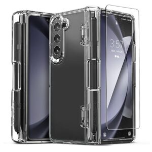 vrs design phone case for galaxy z fold 5 5g phone case (2023)[simpli fit crystal s], premium modern slim style spring-loaded hinge cover w/s pen compartment & tempered glass screen protector(clear)
