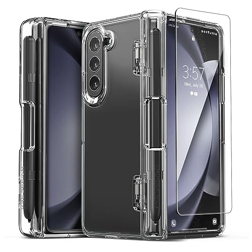 VRS DESIGN Phone Case for Galaxy Z Fold 5 5G Phone Case (2023)[Simpli Fit Crystal S], Premium Modern Slim Style Spring-Loaded Hinge Cover w/S Pen Compartment & Tempered Glass Screen Protector(Clear)