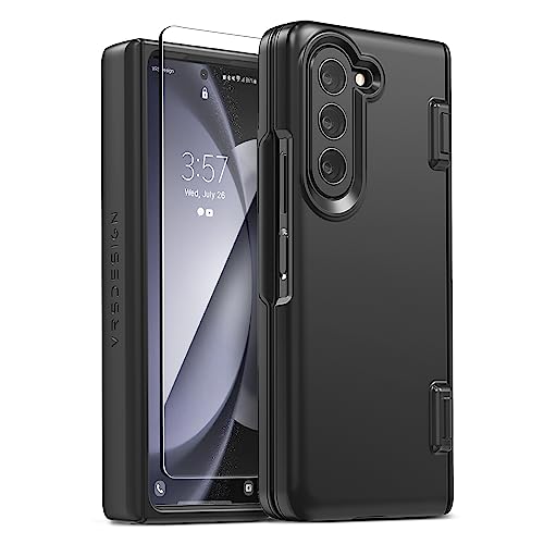 VRS DESIGN Phone Case for Samsung Galaxy Z Fold 5 5G (2023) [Simpli Fit Modern], Premium Modern Slim Style Spring-Loaded Hinge Cover Case with Tempered Glass Screen Protector (Matte Black)