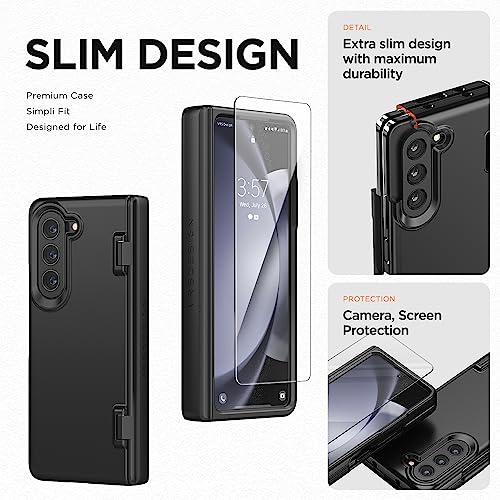 VRS DESIGN Phone Case for Samsung Galaxy Z Fold 5 5G (2023) [Simpli Fit Modern], Premium Modern Slim Style Spring-Loaded Hinge Cover Case with Tempered Glass Screen Protector (Matte Black)