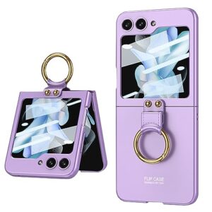 dootoo for samsung galaxy z flip 5 case with ring holder matte pc built-in 9h glass screen protector all-inclusive shockproof case (purple)
