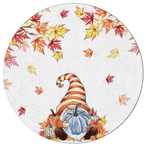 large round area rug for living room bedroom, 3ft non-slip rugs for kids room, fall thanksgiving gnome with pumpkin and maple leaves washable carpet floor mat for home nursery room decor
