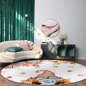Large Round Area Rug for Living Room Bedroom, 3ft Non-Slip Rugs for Kids Room, Fall Thanksgiving Gnome with Pumpkin and Maple Leaves Washable Carpet Floor Mat for Home Nursery Room Decor