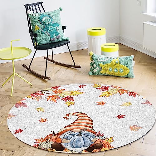 Large Round Area Rug for Living Room Bedroom, 3ft Non-Slip Rugs for Kids Room, Fall Thanksgiving Gnome with Pumpkin and Maple Leaves Washable Carpet Floor Mat for Home Nursery Room Decor