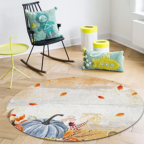 Large Round Area Rug for Living Room Bedroom, 4ft Non-Slip Rugs for Kids Room, Vintage Thanksgiving Maple Leaves and Blue Pumpkin Washable Carpet Floor Mat for Home Nursery Room Decor
