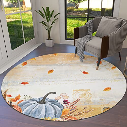 Large Round Area Rug for Living Room Bedroom, 4ft Non-Slip Rugs for Kids Room, Vintage Thanksgiving Maple Leaves and Blue Pumpkin Washable Carpet Floor Mat for Home Nursery Room Decor