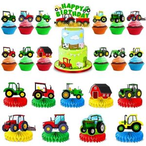 34 pcs red green farm tractor table 9 pcs honeycomb centerpieces themed birthday and 25 pcs cake topper cupcake toppers decorations supplies favors for kids boys girls teen baby shower photo booth