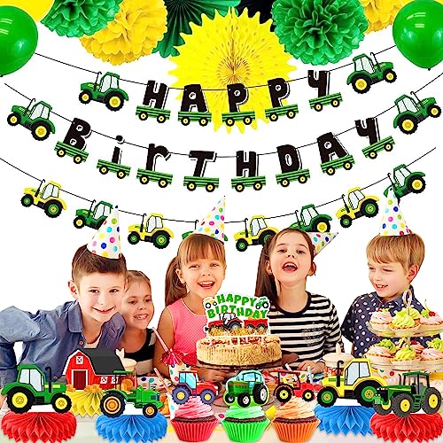 34 PCS Red Green Farm Tractor Table 9 PCS Honeycomb Centerpieces Themed Birthday And 25 PCS Cake Topper Cupcake Toppers Decorations Supplies Favors For Kids Boys Girls Teen Baby Shower Photo Booth