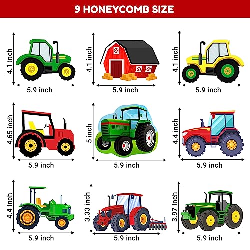 34 PCS Red Green Farm Tractor Table 9 PCS Honeycomb Centerpieces Themed Birthday And 25 PCS Cake Topper Cupcake Toppers Decorations Supplies Favors For Kids Boys Girls Teen Baby Shower Photo Booth