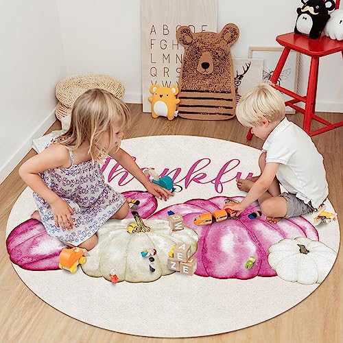 Large Round Area Rug for Living Room Bedroom, 3ft Non-Slip Rugs for Kids Room, Pink White Pumpkins Fall Thanksgiving Washable Carpet Floor Mat for Home Nursery Room Decor