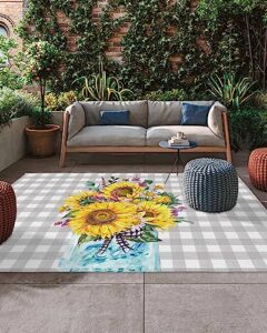 fall floral thanksgiving outdoor rug for patio, large floor mat sunflower vase grey buffalo plaid non slip area rug rubber backing quick dry clearance carpet for camping, garden, deck, porch, 5' x 8'
