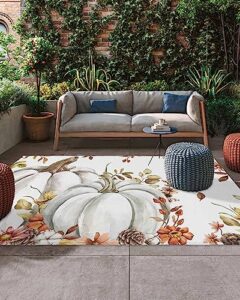 fall floral thanksgiving outdoor rug for patio, large floor mat grey pumpkin maple leaves non slip area rug rubber backing quick dry clearance carpet for camping, garden, lawn, deck, porch, 4' x 6'