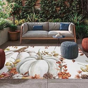 Fall Floral Thanksgiving Outdoor Rug for Patio, Large Floor Mat Grey Pumpkin Maple Leaves Non Slip Area Rug Rubber Backing Quick Dry Clearance Carpet for Camping, Garden, Lawn, Deck, Porch, 4' x 6'