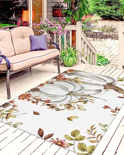 Fall Floral Thanksgiving Outdoor Rug for Patio, Large Floor Mat Grey Pumpkin Maple Leaves Non Slip Area Rug Rubber Backing Quick Dry Clearance Carpet for Camping, Garden, Lawn, Deck, Porch, 4' x 6'
