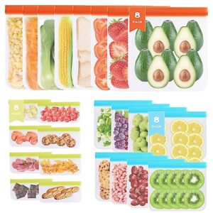 reusable food storage bags - 24 pack reusable freezer bags(8 reusable gallon bags + 8 reusable sandwich bags + 8 reusable snack bags)，reusable ziploc bags for meat fruits and vegetables.