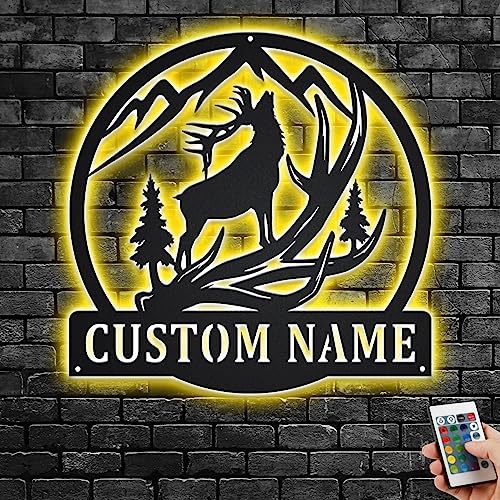 Metal Sign With Led Light Custom Elk Deer Metal Wall Art With LED Light, Personalized Elk Deer Name Sign Decoration For Room, Elk Deer Metal LED Decor,Custom Elk Deer