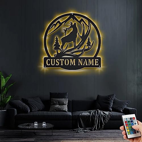 Metal Sign With Led Light Custom Elk Deer Metal Wall Art With LED Light, Personalized Elk Deer Name Sign Decoration For Room, Elk Deer Metal LED Decor,Custom Elk Deer