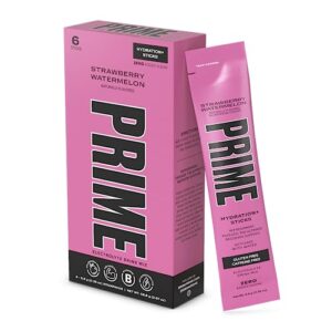 prime hydration+ stick pack, electrolyte drink mix, 10% coconut water, 250mg bcaas, antioxidants, naturally flavored, zero added sugar, easy open single-serving stick, strawberry watermelon, 6 sticks