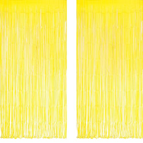 Yellow Streamers Party Backdrop - GREATRIL Foil Fringe for Sunflower/Bee/Pineapple/Lemon/Truck/Race Birthday Party Decoration - 3.2ft X 8.2ft - 2 Packs