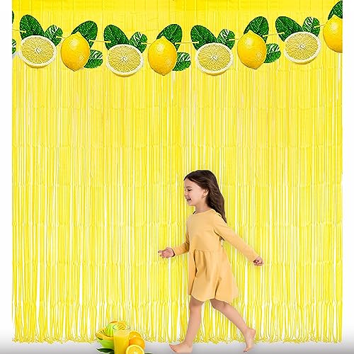 Yellow Streamers Party Backdrop - GREATRIL Foil Fringe for Sunflower/Bee/Pineapple/Lemon/Truck/Race Birthday Party Decoration - 3.2ft X 8.2ft - 2 Packs