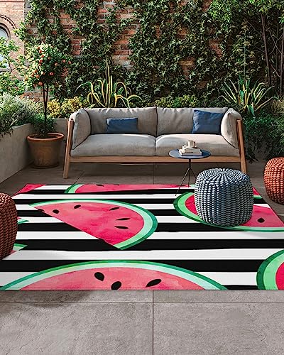 Outdoor Rug Waterproof Outdoor Patio Rug Outdoor Area Rug Mats RV Camping Rugs Outdoor Carpet Tropical Fruit Watermelon Pink Summer Stripe Black and White Background 4x6 Feet