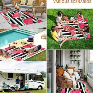 Outdoor Rug Waterproof Outdoor Patio Rug Outdoor Area Rug Mats RV Camping Rugs Outdoor Carpet Tropical Fruit Watermelon Pink Summer Stripe Black and White Background 4x6 Feet