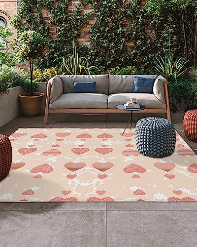 JasmineM Pink Heart Pattern Outdoor Rug Mats, Waterproof Outdoor Plastic Straw Rug 4'x6' for Patio, Thanksgiving Indoor Outdoor Area Rug for Front Door, Deck, Picnic, Porch, Balcony