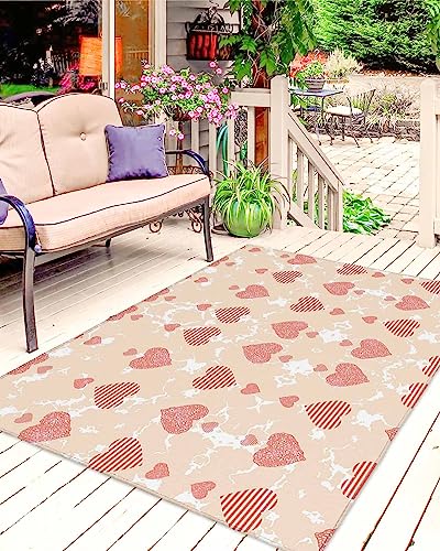 JasmineM Pink Heart Pattern Outdoor Rug Mats, Waterproof Outdoor Plastic Straw Rug 4'x6' for Patio, Thanksgiving Indoor Outdoor Area Rug for Front Door, Deck, Picnic, Porch, Balcony