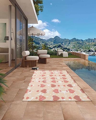 JasmineM Pink Heart Pattern Outdoor Rug Mats, Waterproof Outdoor Plastic Straw Rug 4'x6' for Patio, Thanksgiving Indoor Outdoor Area Rug for Front Door, Deck, Picnic, Porch, Balcony