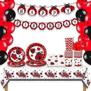 sumind 200 pcs ladybug party supplies ladybug balloons ladybug party tableware happy birthday banner dots tablecloth cups straws napkins for kids adults birthday decorations (multicolor,54 x 107 inch)