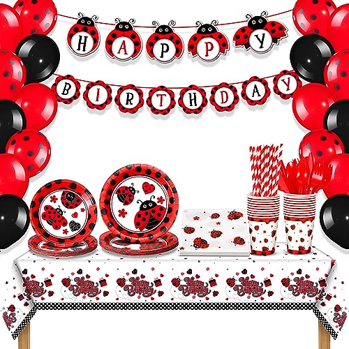 Sumind 200 Pcs Ladybug Party Supplies Ladybug Balloons Ladybug Party Tableware Happy Birthday Banner Dots Tablecloth Cups Straws Napkins for Kids Adults Birthday Decorations (Multicolor,54 x 107 inch)