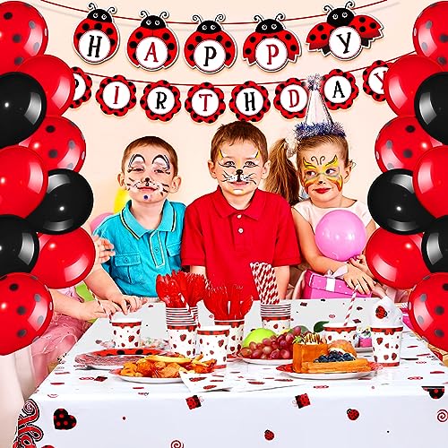 Sumind 200 Pcs Ladybug Party Supplies Ladybug Balloons Ladybug Party Tableware Happy Birthday Banner Dots Tablecloth Cups Straws Napkins for Kids Adults Birthday Decorations (Multicolor,54 x 107 inch)