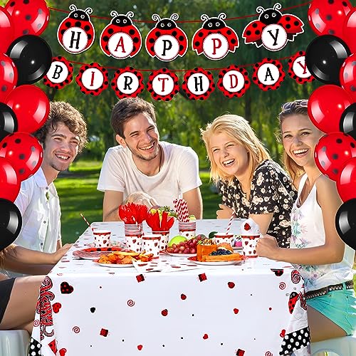 Sumind 200 Pcs Ladybug Party Supplies Ladybug Balloons Ladybug Party Tableware Happy Birthday Banner Dots Tablecloth Cups Straws Napkins for Kids Adults Birthday Decorations (Multicolor,54 x 107 inch)