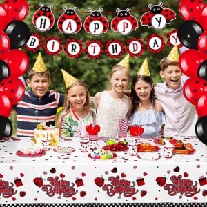 Sumind 200 Pcs Ladybug Party Supplies Ladybug Balloons Ladybug Party Tableware Happy Birthday Banner Dots Tablecloth Cups Straws Napkins for Kids Adults Birthday Decorations (Multicolor,54 x 107 inch)