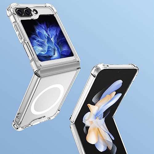 Magnetic Case for Samsung Galaxy Z Flip 5 Phone Compatible with PopSockets MagSafe, Heavy Shockproof Bumper (Clear)