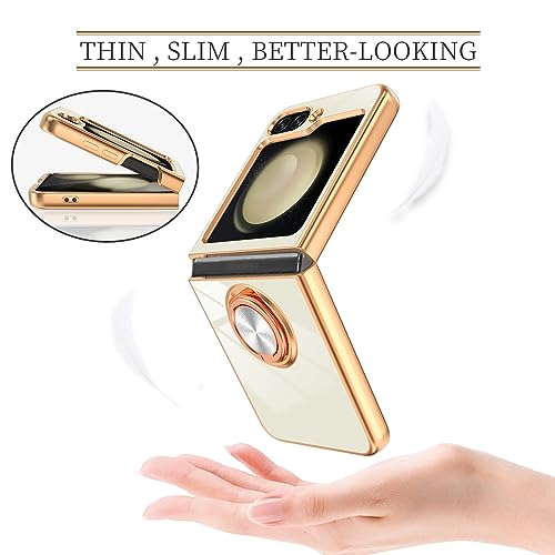 Dinick Compatible for Samsung Galaxy Z Flip 5 Case with Ring Holder Kickstand [with Magnetic] Soft TPU Shockproof Electroplated Protective Phone Case for Galaxy Z Flip 5 White