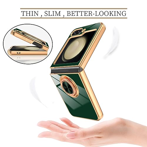 Dinick Compatible for Samsung Galaxy Z Flip 5 Case with Ring Holder Kickstand [with Magnetic] Soft TPU Shockproof Electroplated Protective Phone Case for Galaxy Z Flip 5 Green