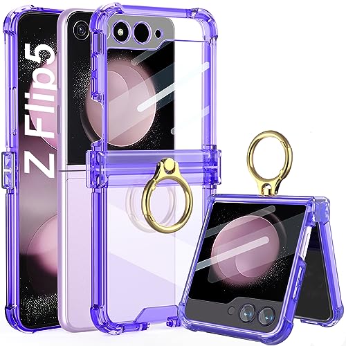 GOHHME for Samsung Galaxy Z Flip 5 Case TPU Shockproof Phone Cover Silm Thin Aesthetic Clear Phone Cases Rugged Tough Hard Covers with Ring Stand and Hinge Protection (Purple)