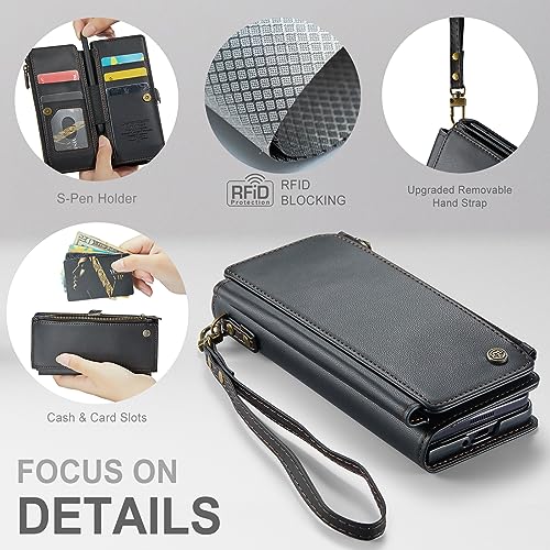 Defencase Galaxy Z fold 5 Case, Samsung Z fold 5 Case with Pen Holder Slot, RFID Blocking Samsung Galaxy Z fold 5 Wallet Case for Women Men with Card Holder Zipper Wrist Strap PU Leather Flip, Black