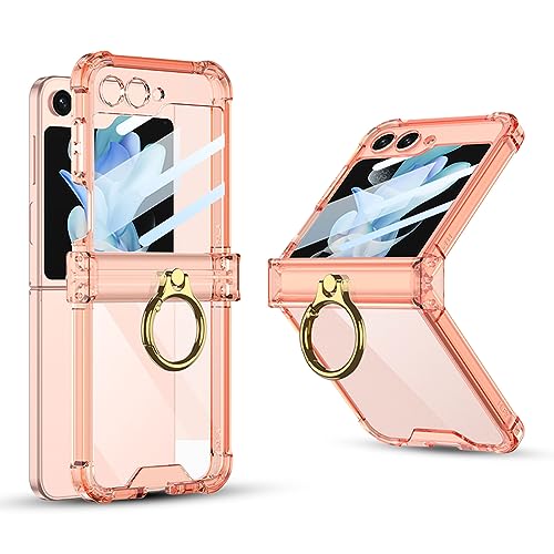 Jusy for Samsung Galaxy Z Flip 5 Case Ring, with Hinge Protection, Built-in Back Screen Protector & Ring Kickstand, Clear Elegant Shockproof Cover for Woman Girl, Orange