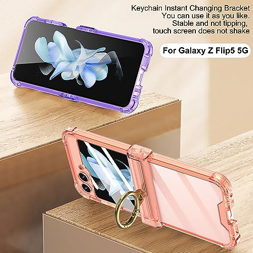 Jusy for Samsung Galaxy Z Flip 5 Case Ring, with Hinge Protection, Built-in Back Screen Protector & Ring Kickstand, Clear Elegant Shockproof Cover for Woman Girl, Orange