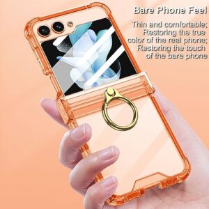 Jusy for Samsung Galaxy Z Flip 5 Case Ring, with Hinge Protection, Built-in Back Screen Protector & Ring Kickstand, Clear Elegant Shockproof Cover for Woman Girl, Orange