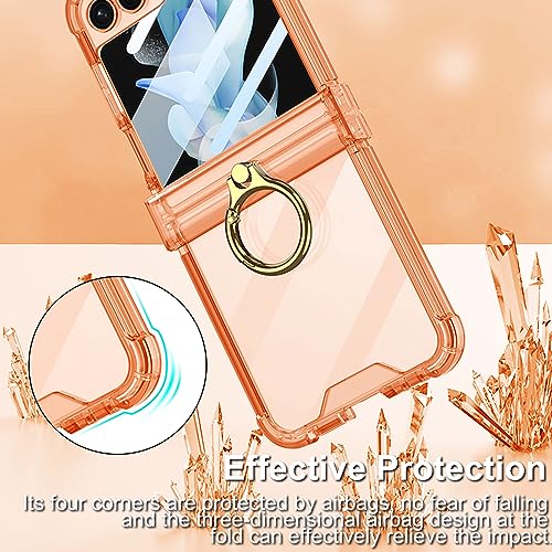 Jusy for Samsung Galaxy Z Flip 5 Case Ring, with Hinge Protection, Built-in Back Screen Protector & Ring Kickstand, Clear Elegant Shockproof Cover for Woman Girl, Orange