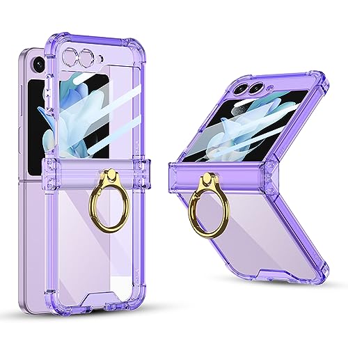 Jusy for Samsung Galaxy Z Flip 5 Case Ring, with Hinge Protection, Built-in Back Screen Protector & Ring Kickstand, Clear Elegant Shockproof Cover for Woman Girl, Purple