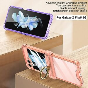 Jusy for Samsung Galaxy Z Flip 5 Case Ring, with Hinge Protection, Built-in Back Screen Protector & Ring Kickstand, Clear Elegant Shockproof Cover for Woman Girl, Purple