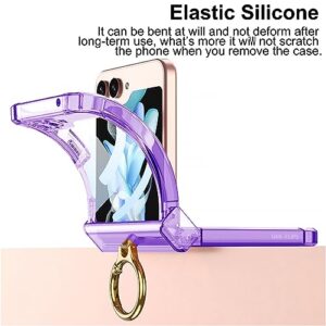 Jusy for Samsung Galaxy Z Flip 5 Case Ring, with Hinge Protection, Built-in Back Screen Protector & Ring Kickstand, Clear Elegant Shockproof Cover for Woman Girl, Purple