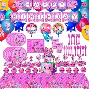 pink cartoon birthday party supplies for kids decorations flatware, banner, cups, balloons, napkins, plates, tablecloth, cake toppers birthday party favor pack set for boy and girl