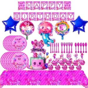 pink cartoon party supplies favors, birthday decoration include banner, plates, tablecloth, forks, cake topper, foil balloons tableware for kids pink cartoon birthday boys and girls