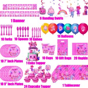 Pink Cartoon Party Supplies, Pink Cartoon Party Favor Decorations Birthday Party Supplies Included Flatware, Cups, Banner, Plates, Napkins, Balloons, Tablecloth, Birthday Party Pack Set for Kids